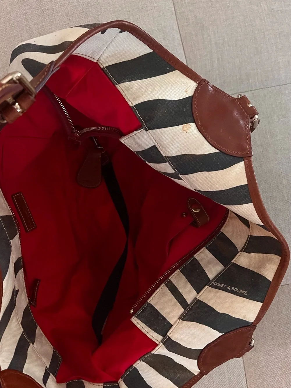 Dooney & Bourke Zebra-Stripe Canvas Tote with Brown Leather Trim